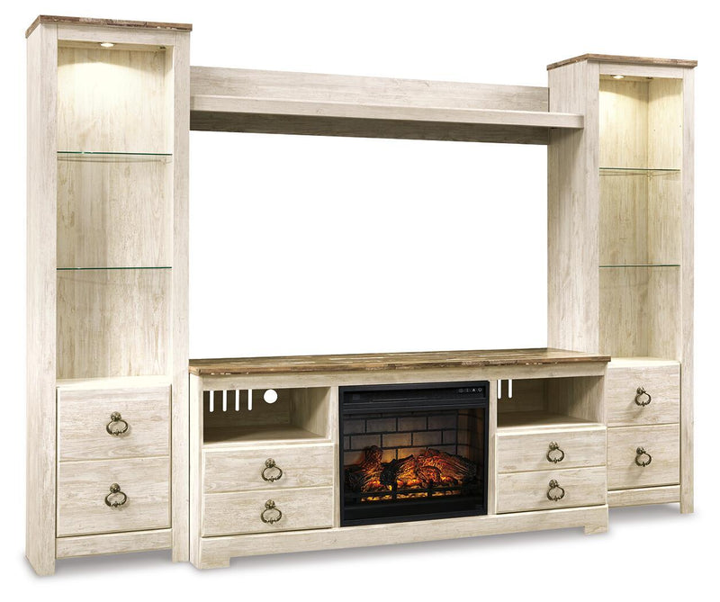 Whitewash entertainment center TV stand with faux firebrick fireplace insert and open shelves