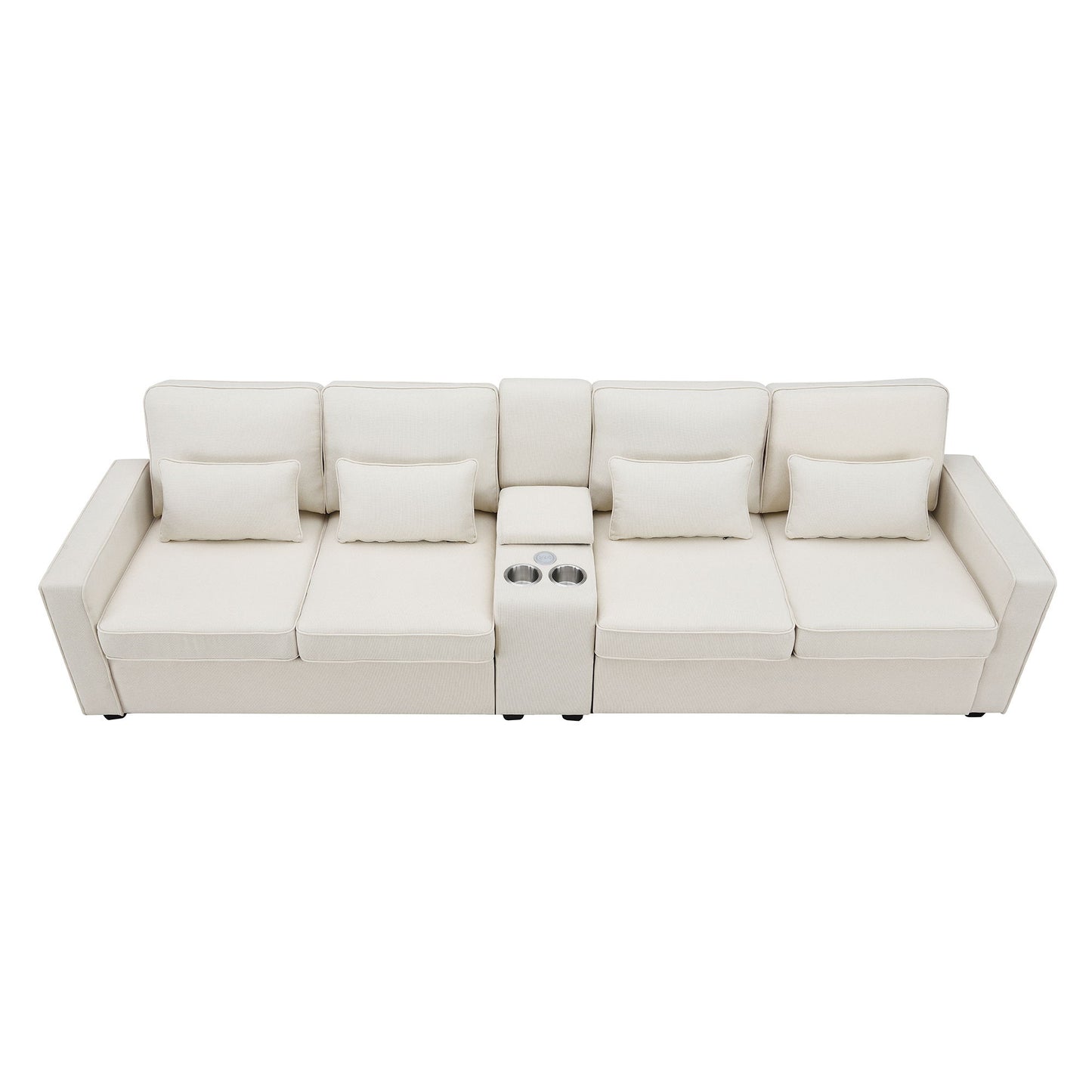 Upholstered Sofa With Console, 2 Cupholders And 2 USB Ports Wired Or Wirelessly Charged, Modern Linen Fabric Couches With 4 Pillows For Living Room, Apartment (4-Seat)