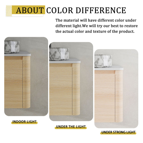 Mounted bathroom vanity color difference chart showing light wood with white and black sinks