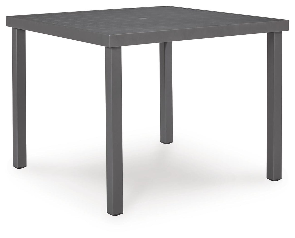 Gray square dining table angled view, flat top and four legs.