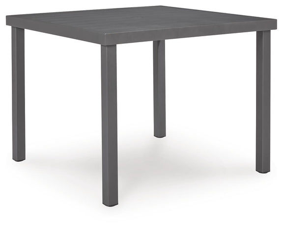 Gray square dining table angled view, flat top and four legs.
