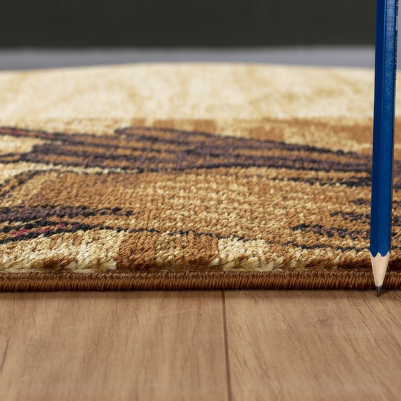 Beige rug edge detail with flat woven border and multicolor stripe pattern
