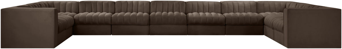 Dark brown modular sectional sofa with tufted backrest and boxy armrests