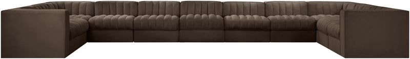 Dark brown modular sectional sofa with tufted backrest and boxy armrests