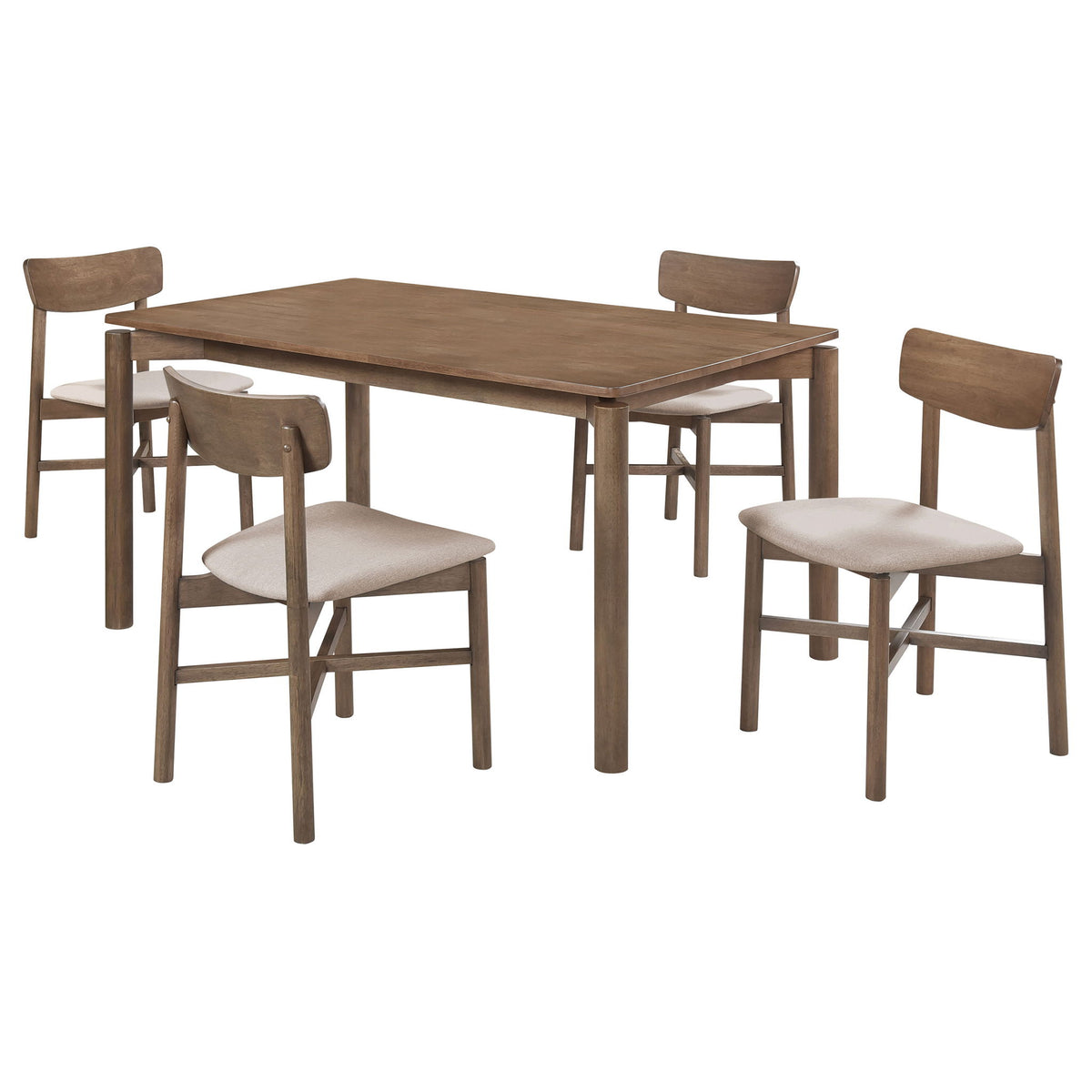 Dark brown dining table with four upholstered chairs, square-corner design