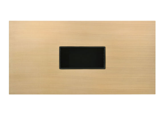 Natural wood dining table with built-in black recessed center panel