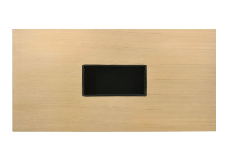 Natural wood dining table with built-in black recessed center panel