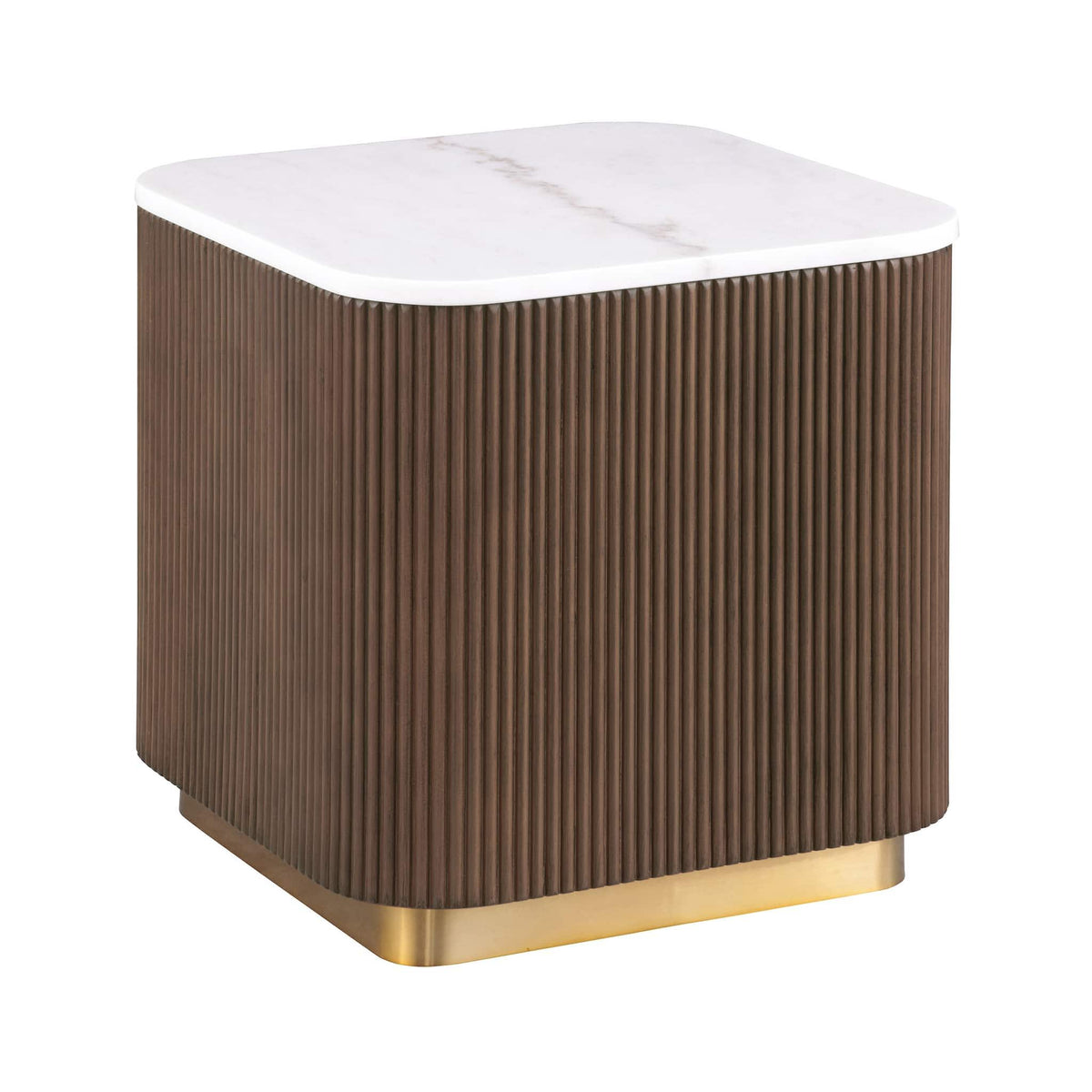 Brown ribbed square end table with white marble top and gold metal base