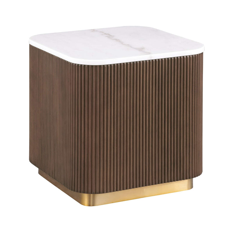 Brown ribbed square end table with white marble top and gold metal base