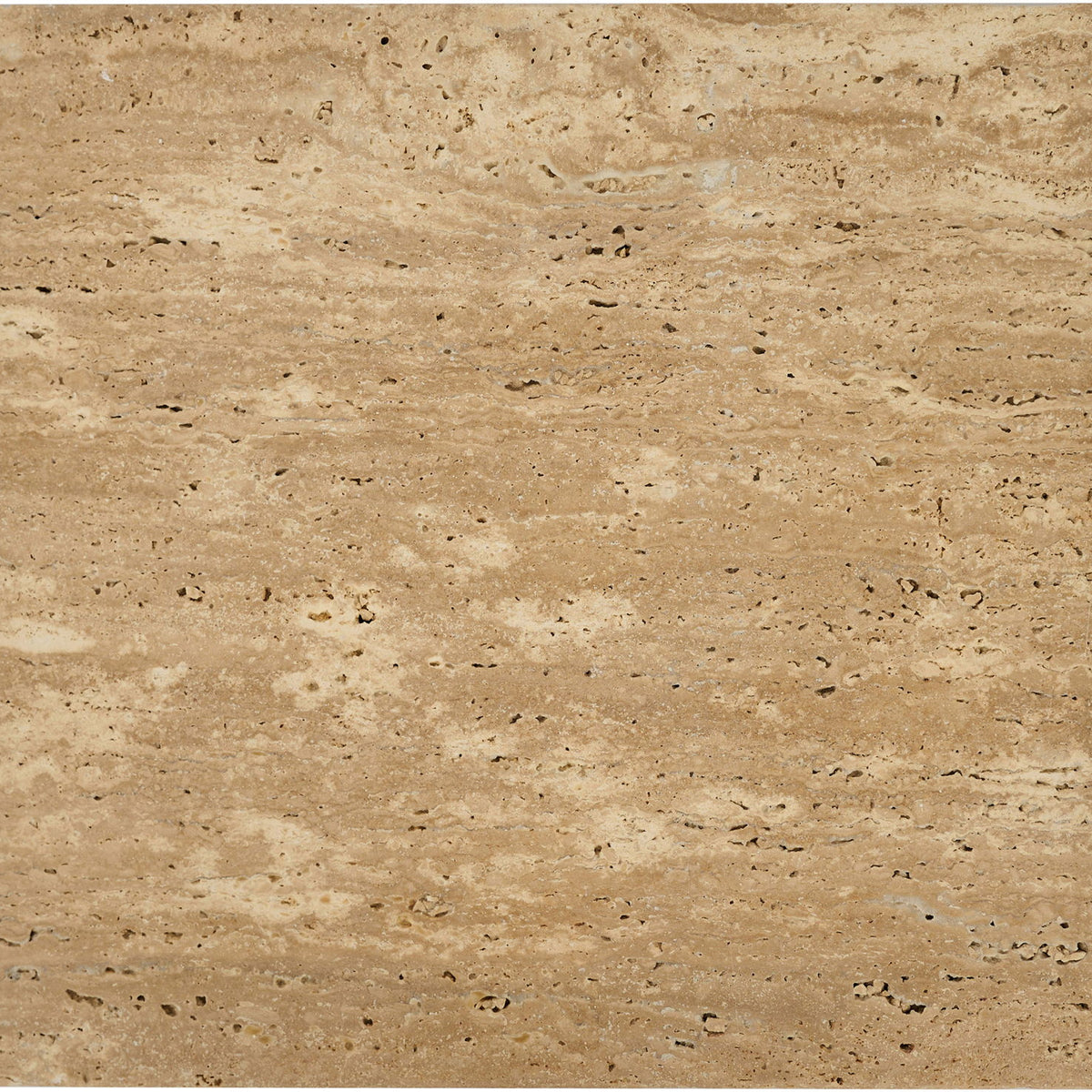 Beige travertine tray close-up with metal corner posts and speckled surface.