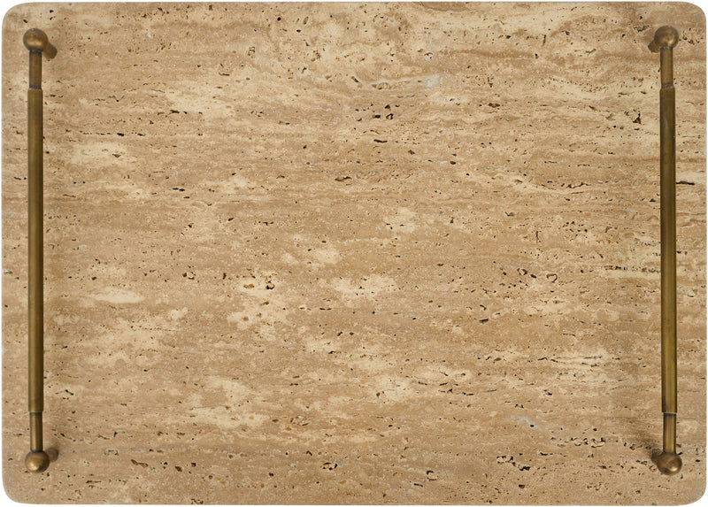 Beige travertine tray close-up with metal corner posts and speckled surface.