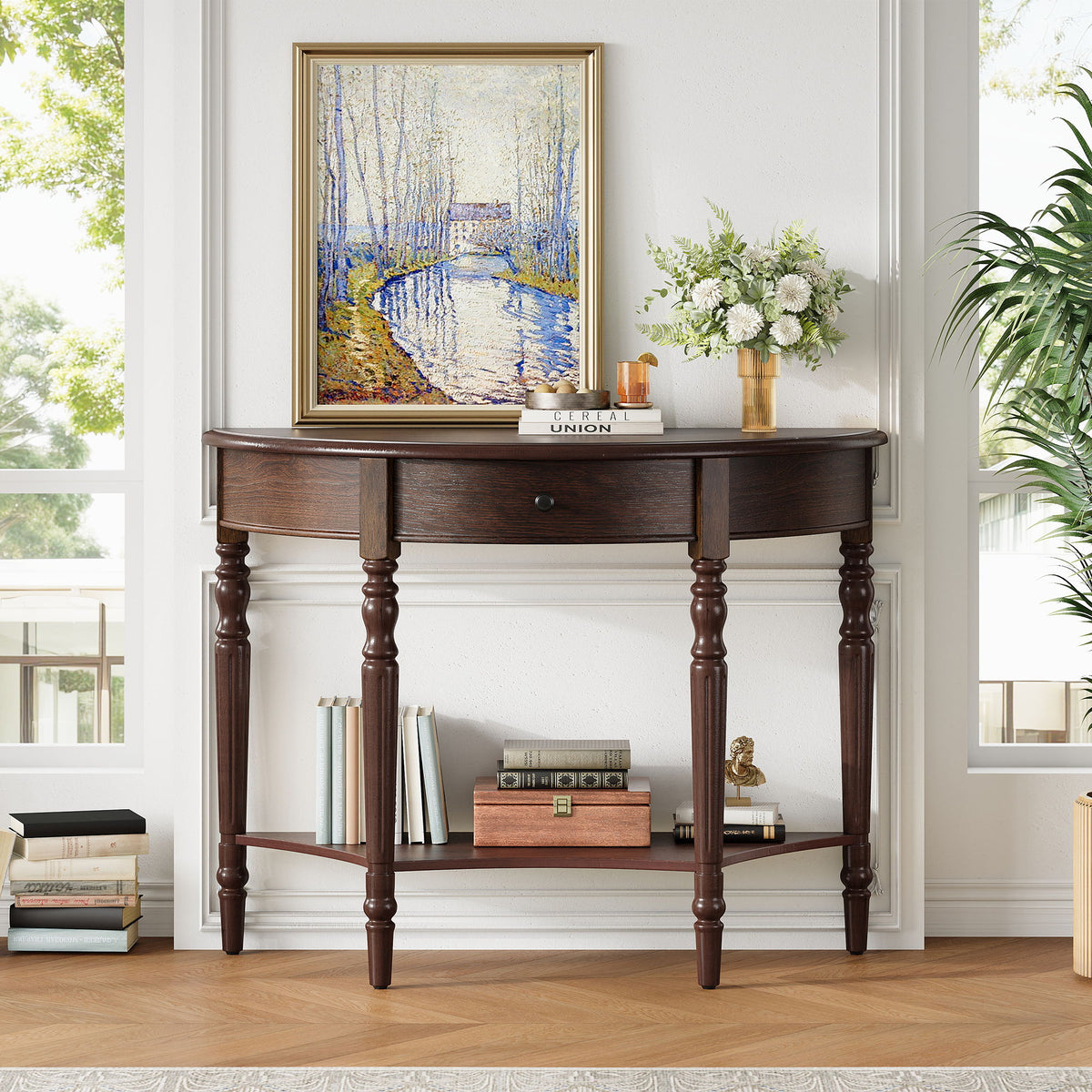 Half Moon Console Table With Drawer & Shelf