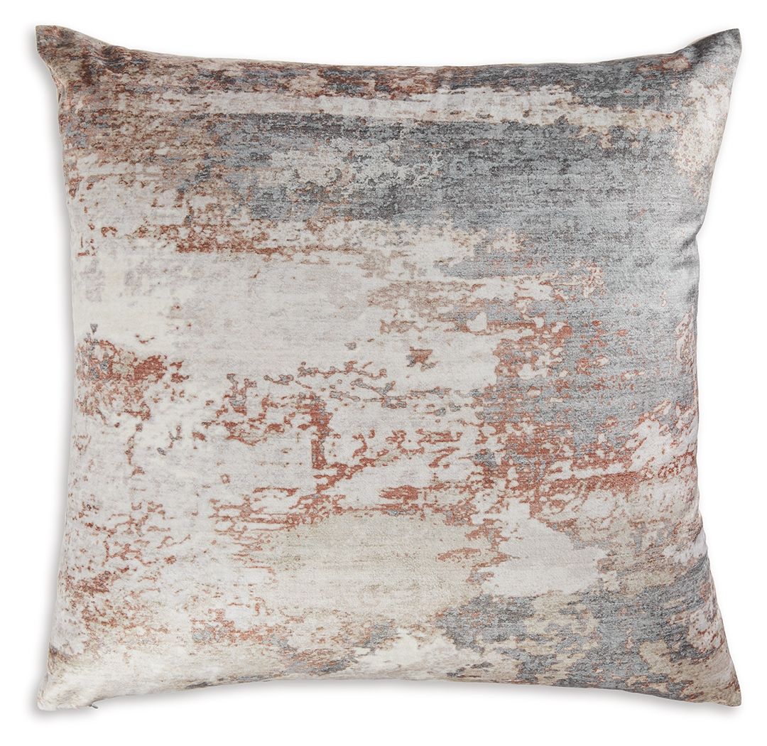 Edinfielders decorative pillow, cream with gray and rust distressed pattern, square.
