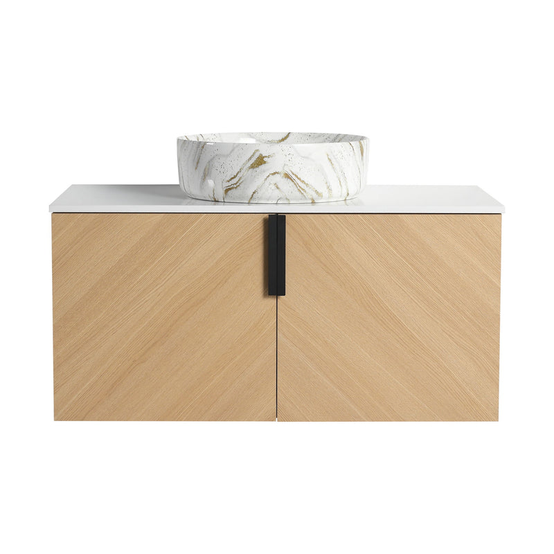Wall-mounted bathroom vanity with white countertop, light wood double doors, and art sink