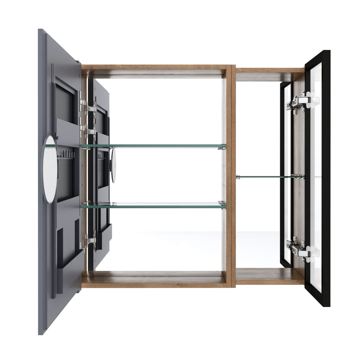Wall-mounted bathroom cabinet in oak with adjustable glass shelves, open doors
