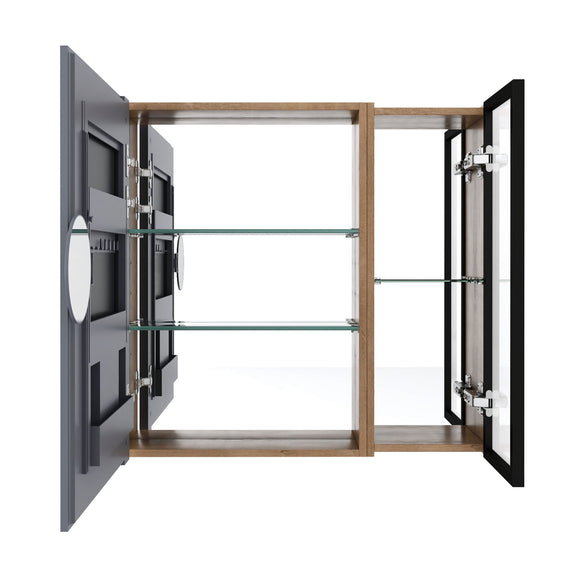 Wall-mounted bathroom cabinet in oak with adjustable glass shelves, open doors