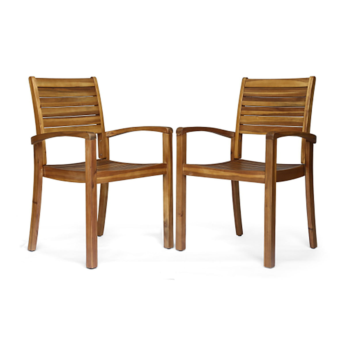 Light brown stacking patio chairs with curved slat back and seat, two-pack