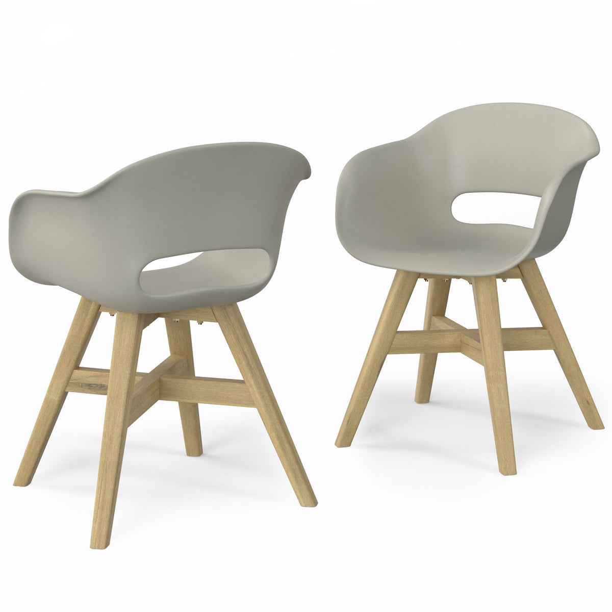 Gray plastic outdoor dining chairs (set of 2) with wooden A-frame legs