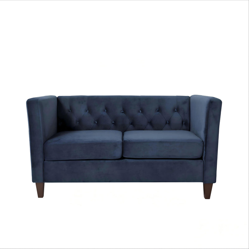 Blue button-tufted 2-seater loveseat with square arms and cushioned seat