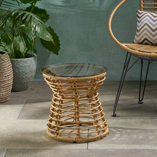 San Pedro - Boho Style Side Table With Tempered Glass Top - Light Brown Rattan