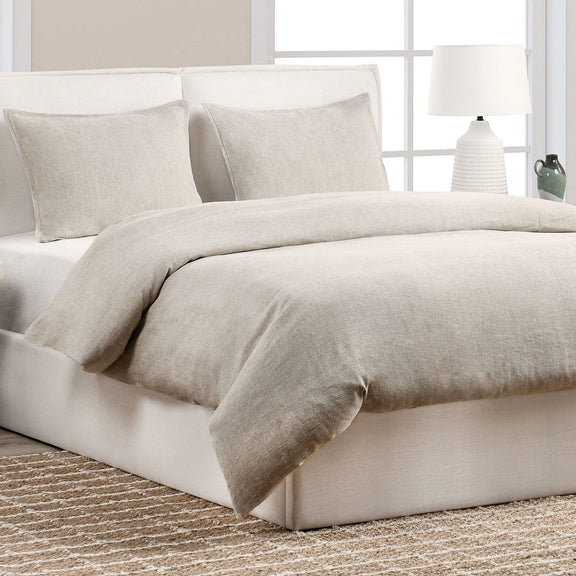 Gray linen-look duvet cover with matching shams and coordinating pillows