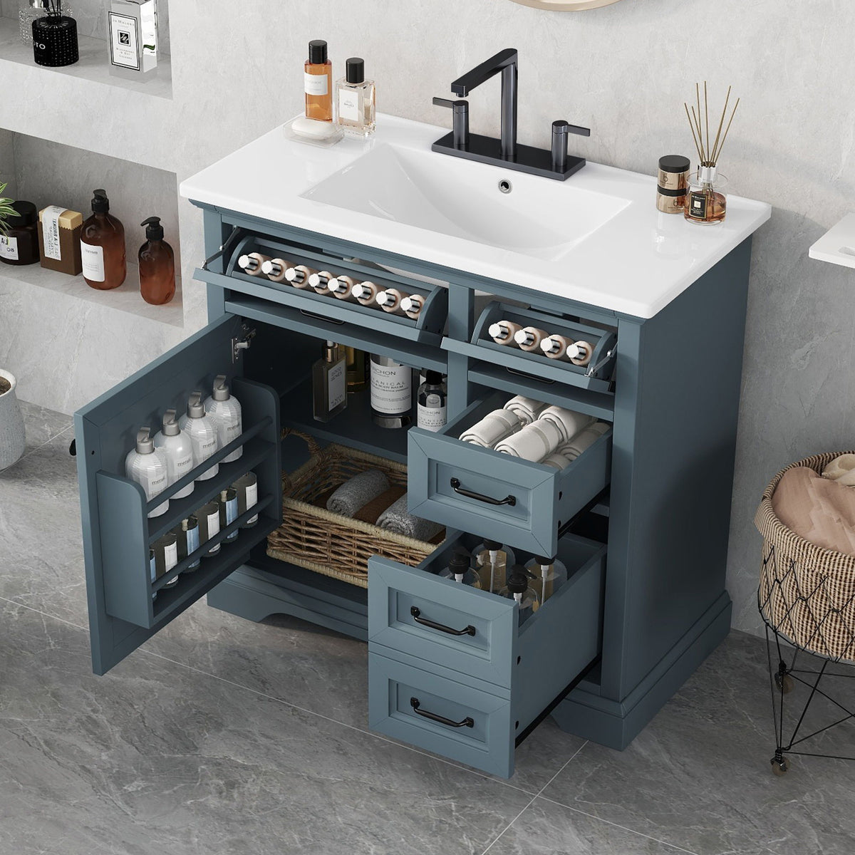 36 in blue bathroom vanity with white sink top, two tip-out drawers, soft-close hinges