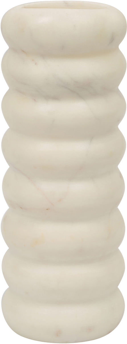 White genuine marble vase with ribbed stacked bands and a wide round opening