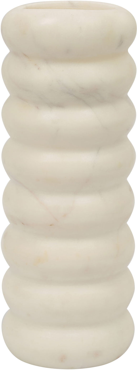 White genuine marble vase with ribbed stacked bands and a wide round opening
