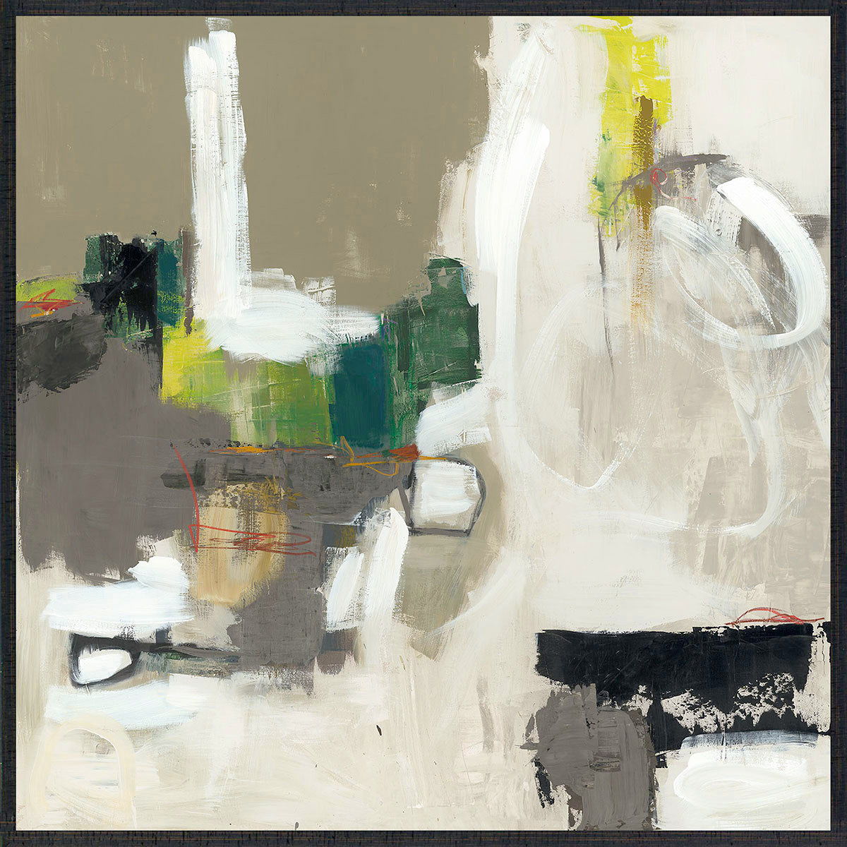 Framed abstract wall art with layered white and gray paint, green highlights, red marks