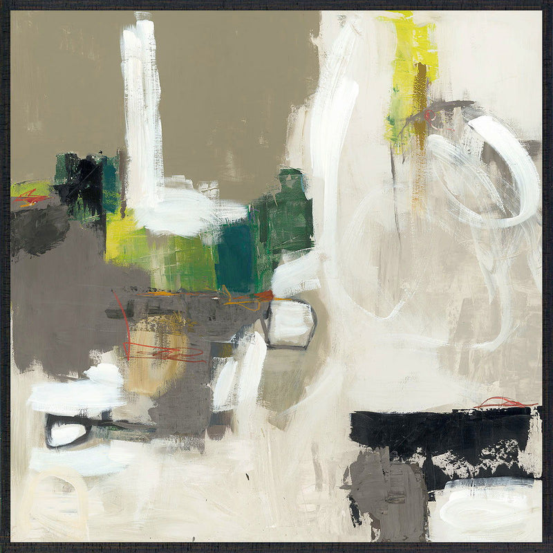 Framed abstract wall art with layered white and gray paint, green highlights, red marks