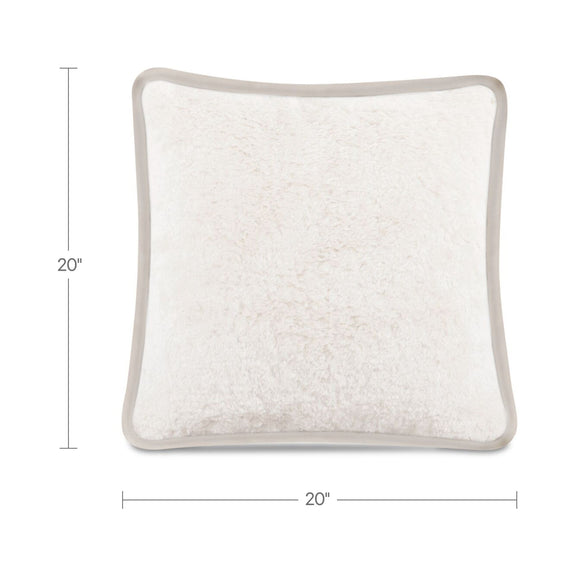 20-inch square cream/white faux fur cushion with simple border and textured plush
