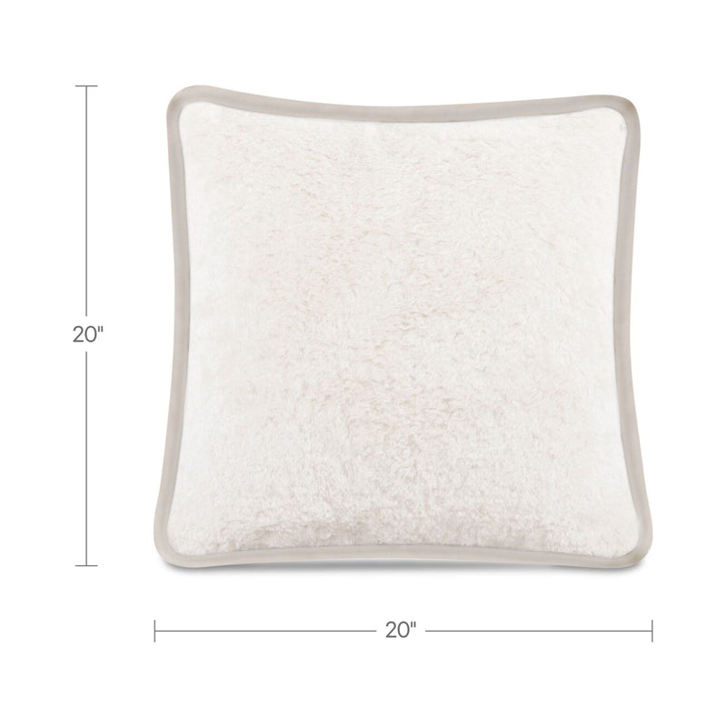 20-inch square cream/white faux fur cushion with simple border and textured plush