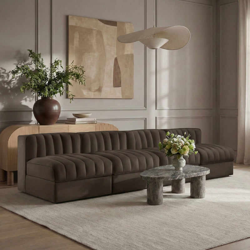 Rummi - Armless Velvet Performance Fabric Upholstered 4 Piece Modular Sofa