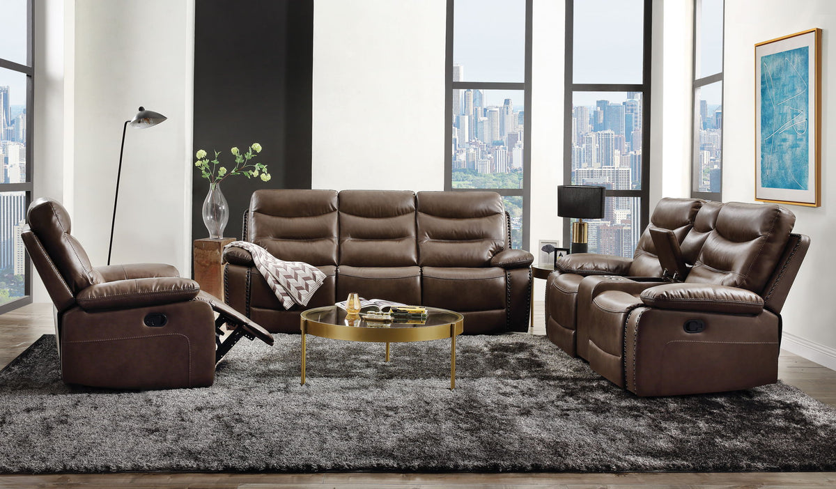 Brown leather recliner sofa set with two matching recliner chairs and padded arms