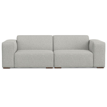 Gray fabric 2-seater sofa with square arms and low, padded back