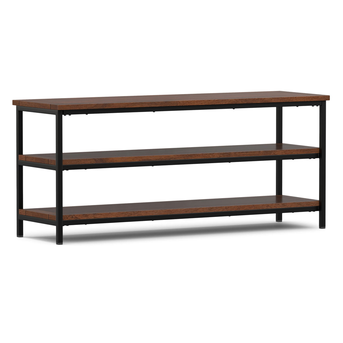 Dark cognac brown media console with two open wood shelves and black metal legs
