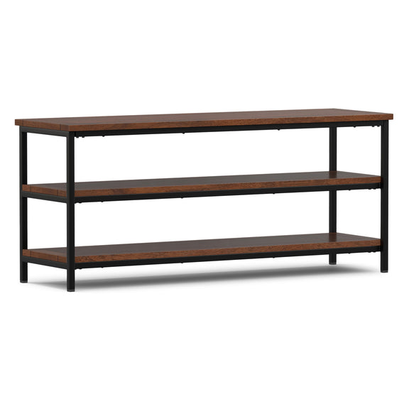 Dark cognac brown media console with two open wood shelves and black metal legs