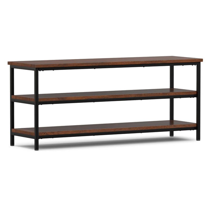 Dark cognac brown media console with two open wood shelves and black metal legs