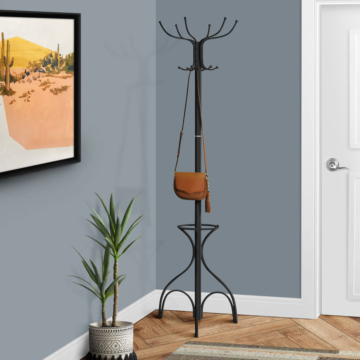 Coat Rack, Hall Tree, Free Standing, 12 Hooks, Entryway, 70"H, Umbrella Holder, Contemporary & Modern