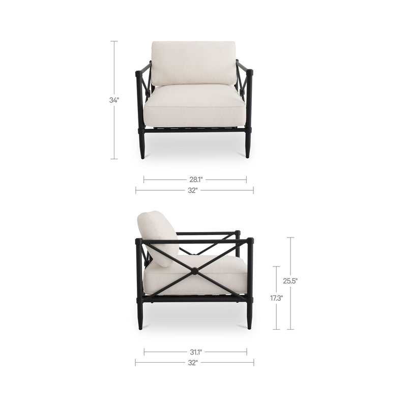 Cream outdoor accent chair with padded seat and backrest, black metal sides
