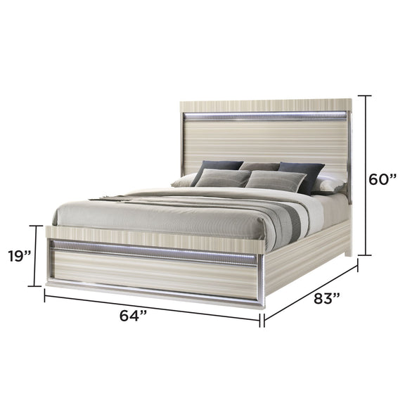 Gray platform bed with slatted headboard, footboard, and stacked gray pillows