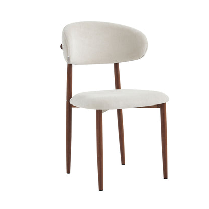 Light upholstery dining chair with rounded back, seat cushion, dark wood legs