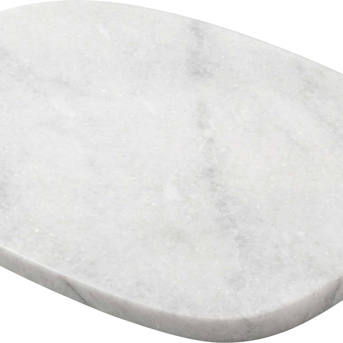Round white marble decorative tray with speckled pattern and beveled outer edge