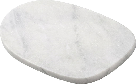 Round white marble decorative tray with speckled pattern and beveled outer edge