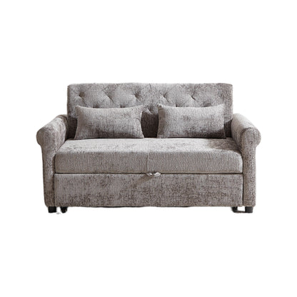 Gray pull-out loveseat sofa bed with two cushioned back pillows