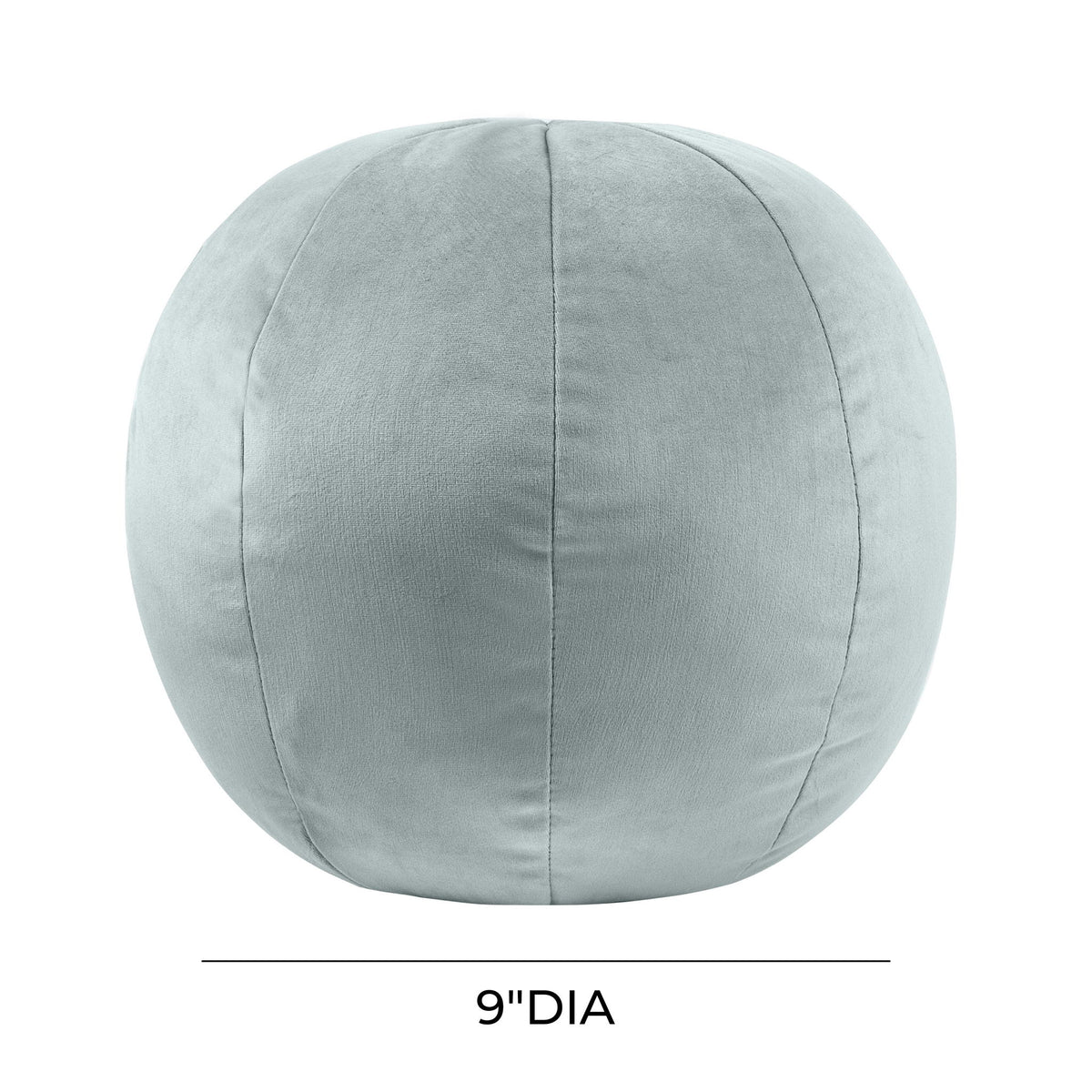 Round pillow in light gray-blue fabric; 9" diameter.