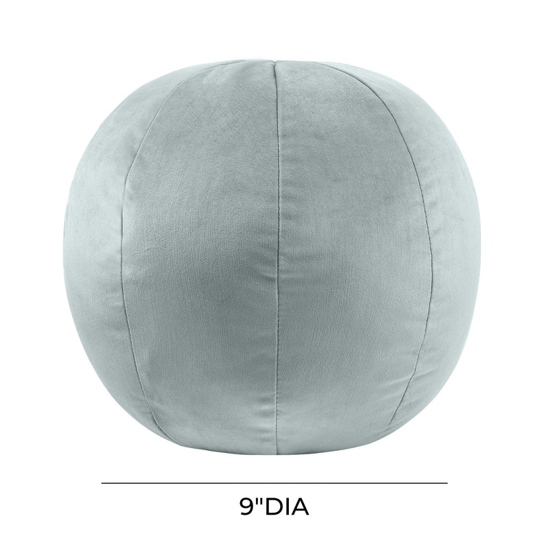 Round pillow in light gray-blue fabric; 9" diameter.