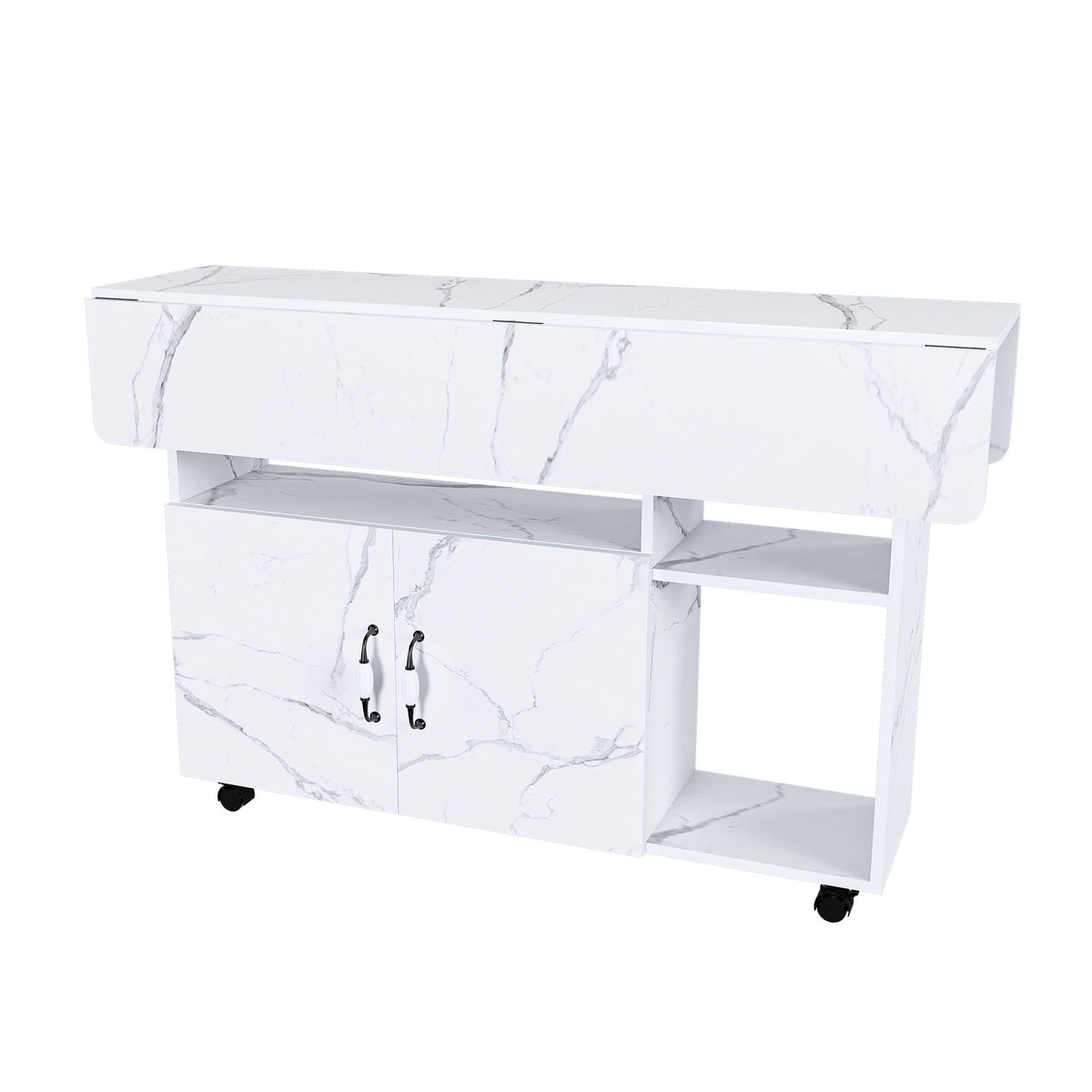 White folding table with built-in shelves and four caster wheels