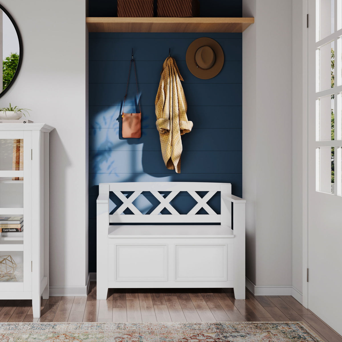White entryway storage bench with X-back panel and two cabinet doors