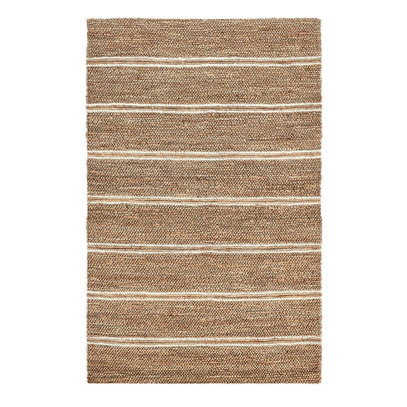 Light brown flatweave area rug with blue and off-white horizontal stripes